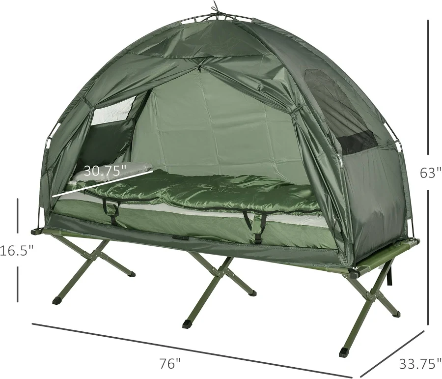 all-in-one folding camping cot with tent, air mattress and sleeping bag