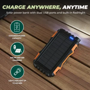 Solar Power Bank 42800mAh Portable Charger with Flashlight USB Ports
