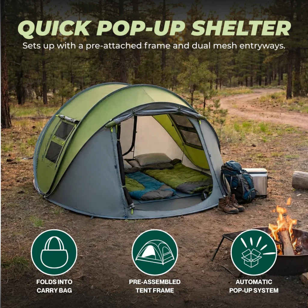 Pop Up Camping Tent for 4 People with 2 Doors and Automatic Setup